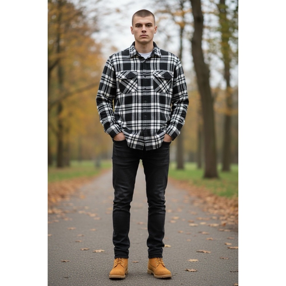 Five Brother‎ Heavy Flannel Shirt Black White Plaid Large Tall